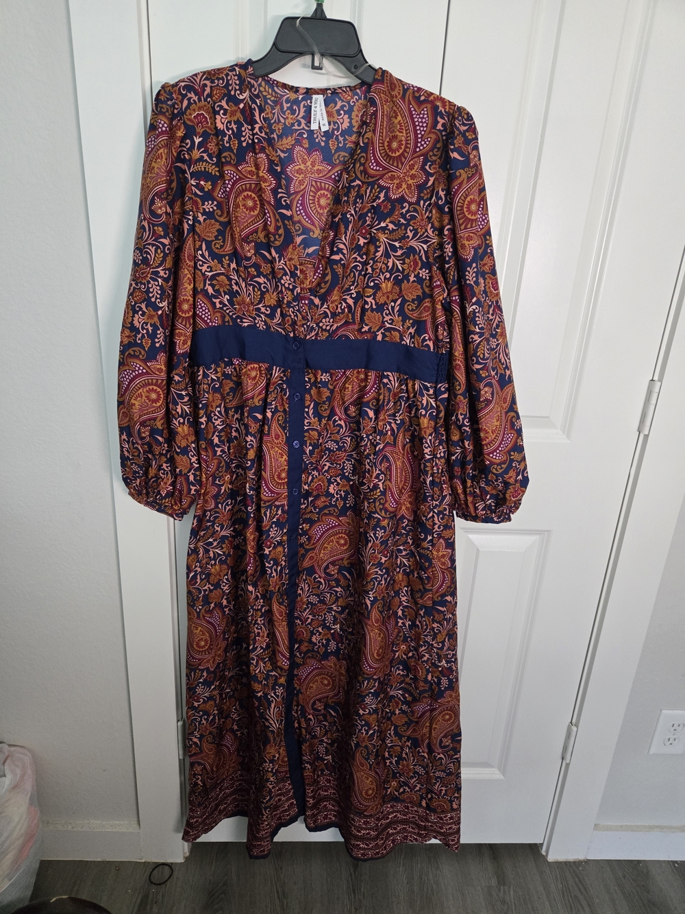 Bohemian Paisley V-Neck Maxi Dress in Navy and Rust